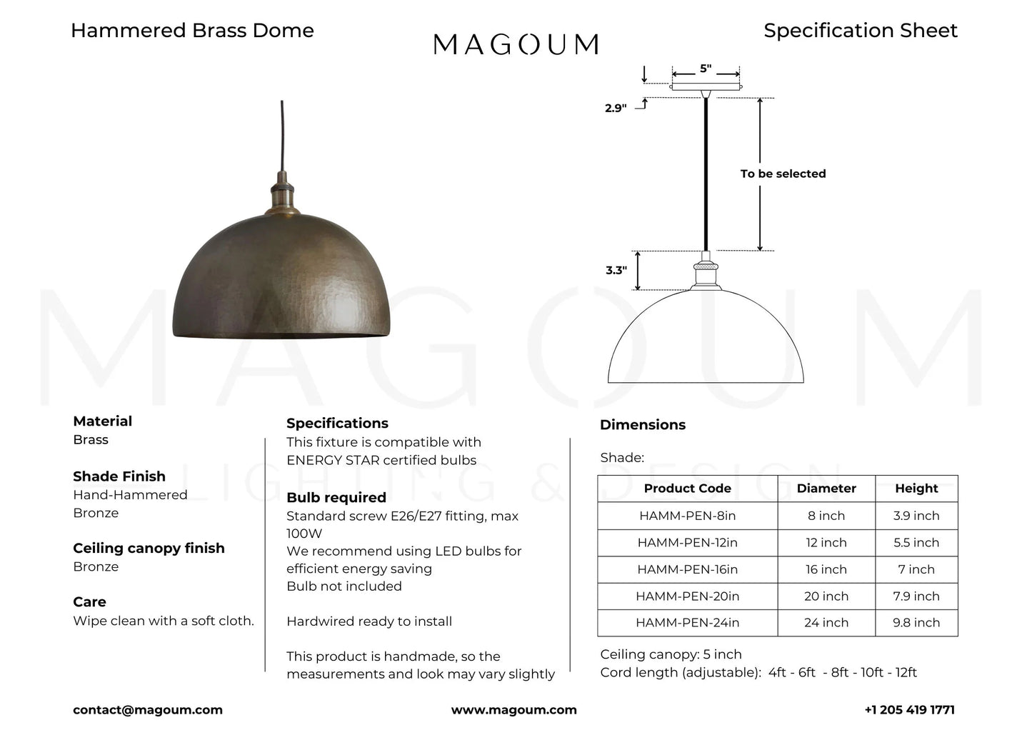 Hammered Bronze Dome Pendant Light